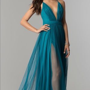 Long dark teal tulle prom dress with deep V-neck
